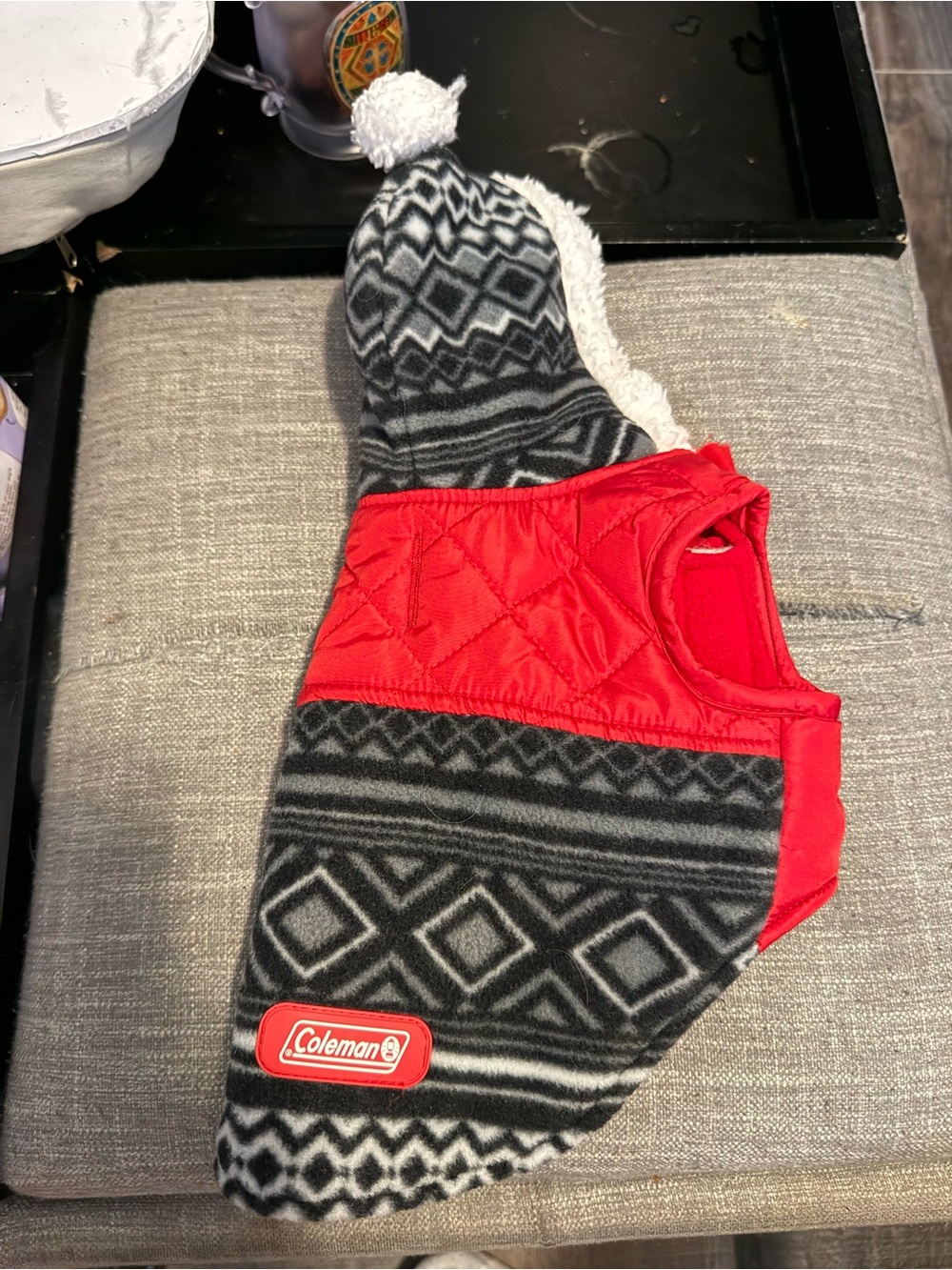 Coleman Black & Red Quilted Pet Winter Hat Hoodie with Pom XS